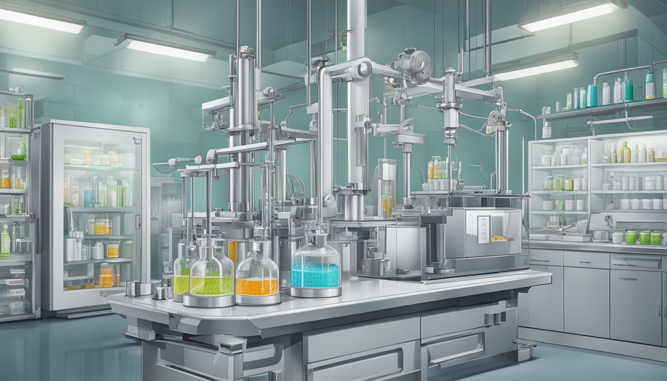 A laboratory setting with scientific equipment and charts showing the mechanism of appetite suppression in Mounjaro products