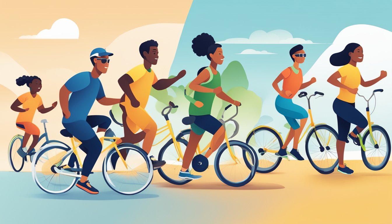 A diverse group of people engaging in various physical activities, such as jogging, biking, and swimming, with a focus on overall health and well-being