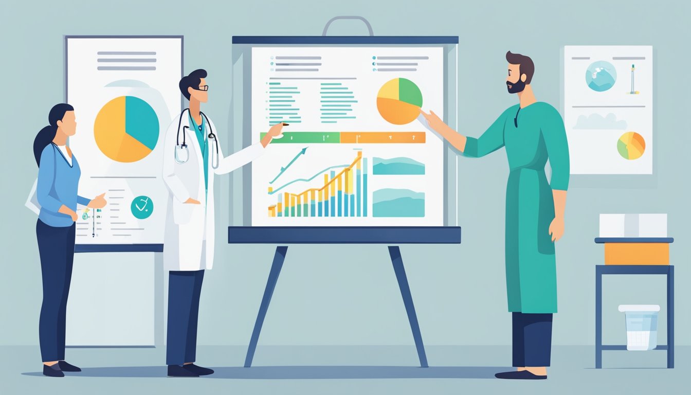 A person standing on a scale, with a doctor pointing to a chart showing improved health markers