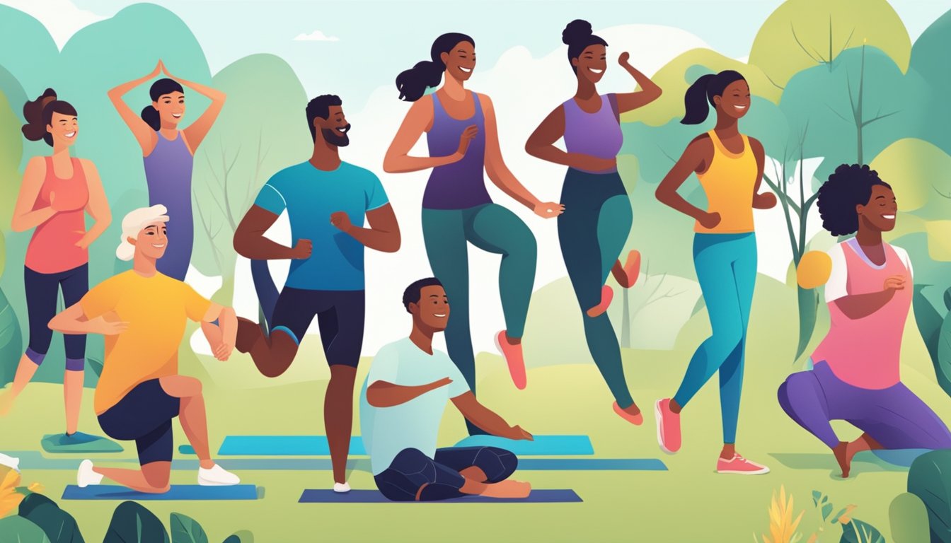 A diverse group of people engaging in various physical activities, such as yoga, swimming, and hiking, while smiling and appearing healthy and vibrant