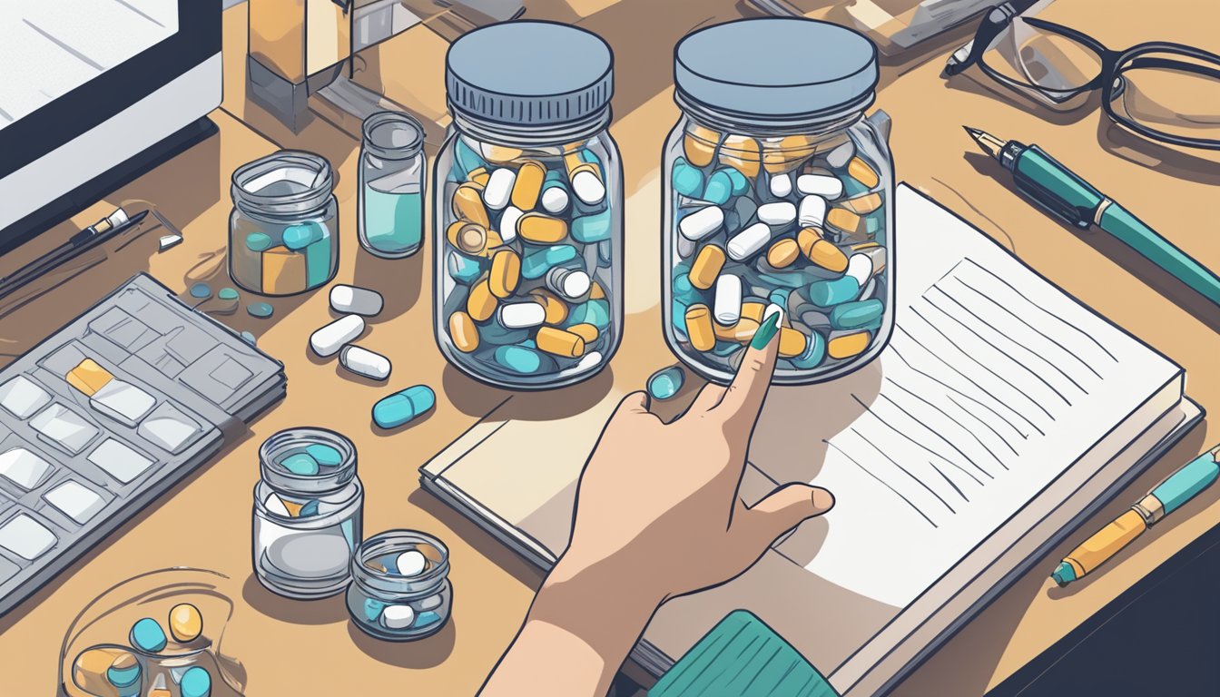 A person's hand reaching for a jar of pills on a cluttered desk, with a notebook and pen nearby for tracking side effects