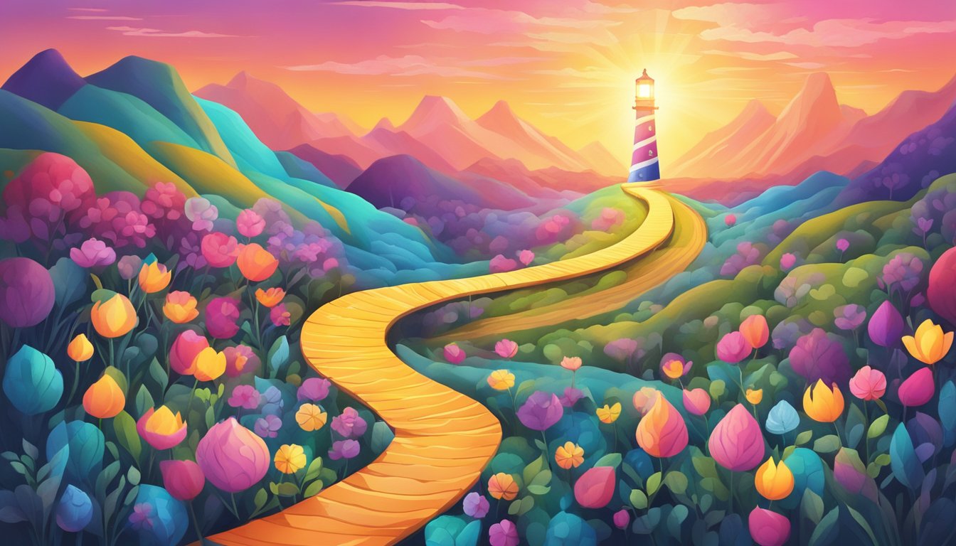 A vibrant, colorful illustration of a winding path leading towards a glowing beacon, surrounded by symbols of health and motivation