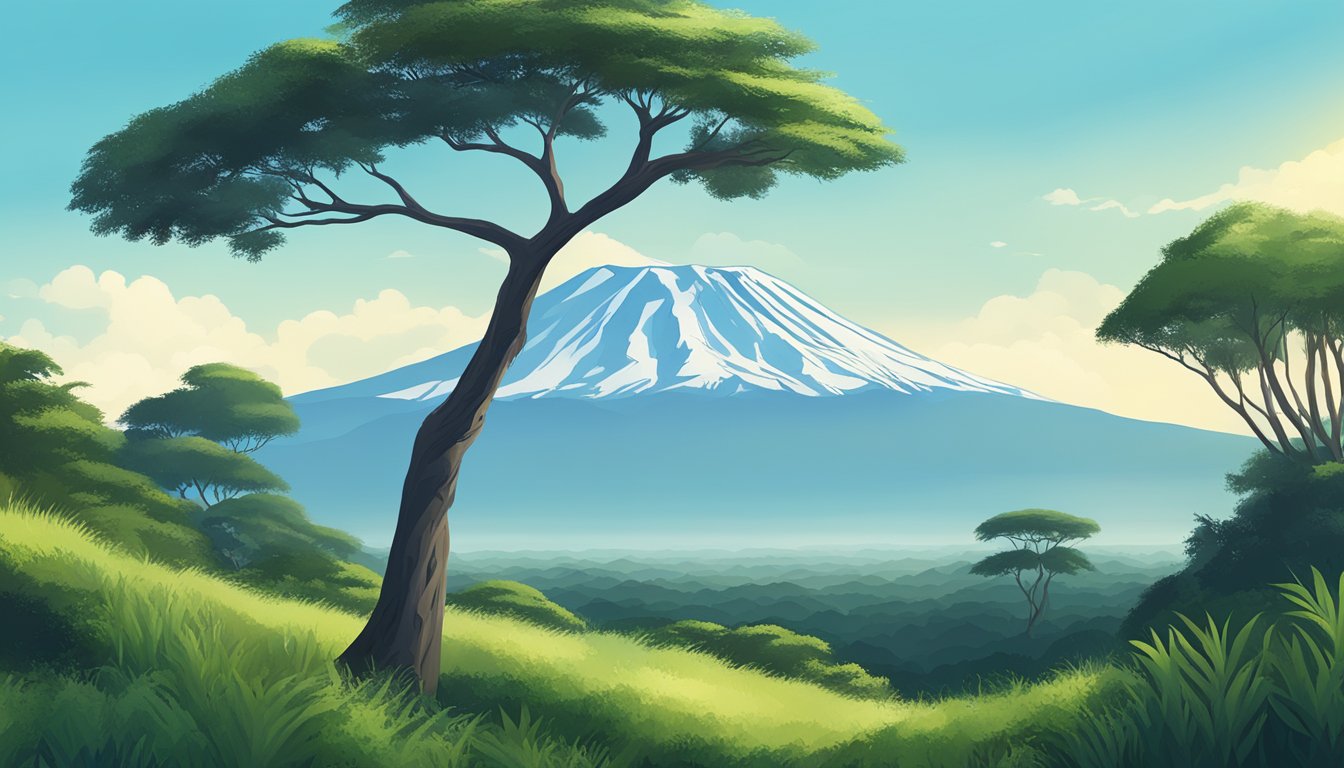 A serene mountain landscape with a prominent Mount Kilimanjaro in the background, surrounded by lush greenery and a clear blue sky