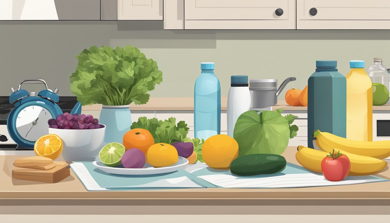 A kitchen counter with a variety of healthy foods, a water bottle, a scale, and a journal for tracking meals and emotions