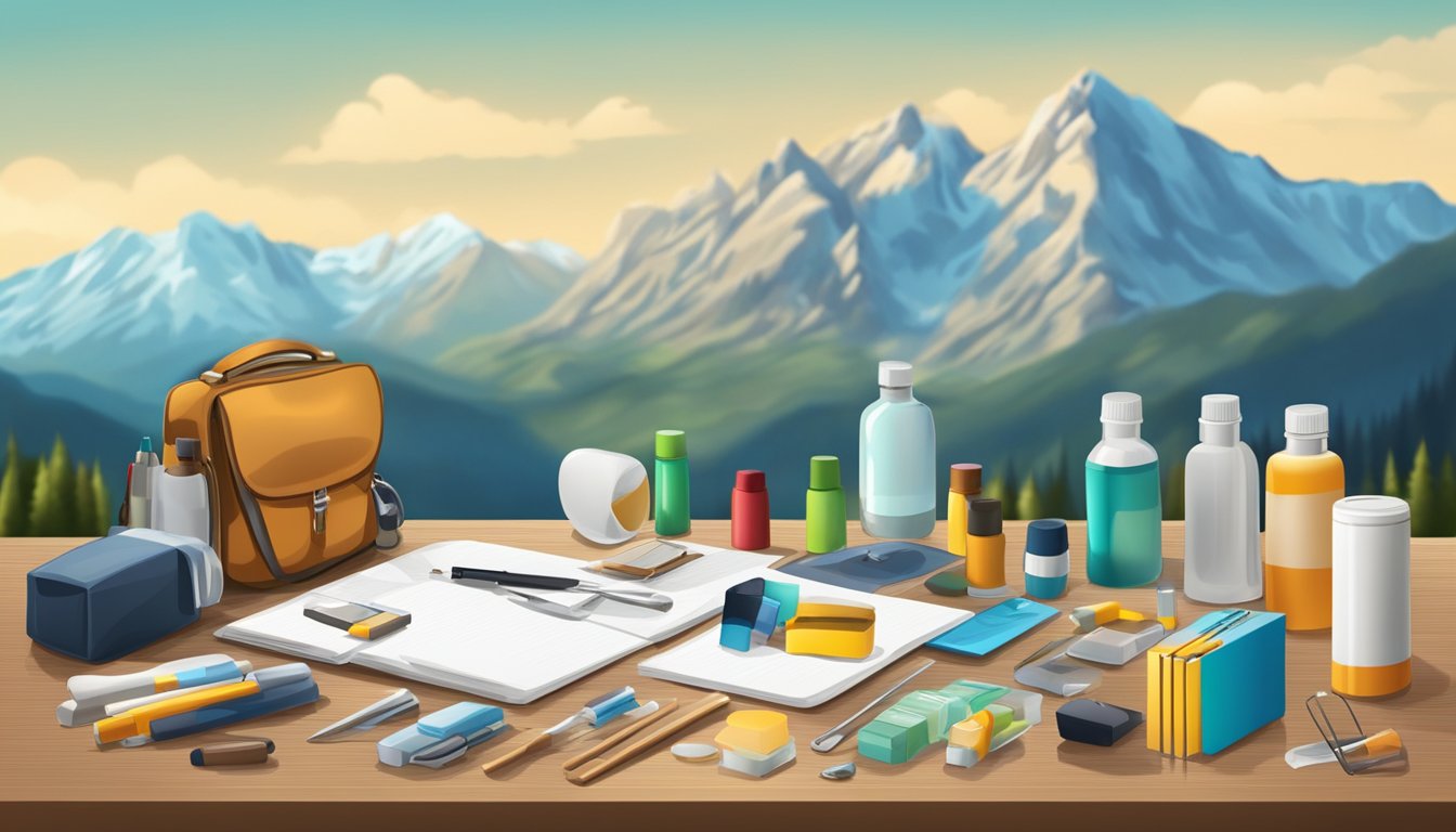 A person's personal toolkit with various items for managing potential serious side effects, set against a backdrop of a mountain landscape