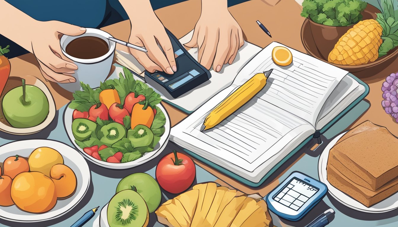 A person sitting at a table, surrounded by healthy food, a blood glucose monitor, and a journal. They are smiling and writing in their journal