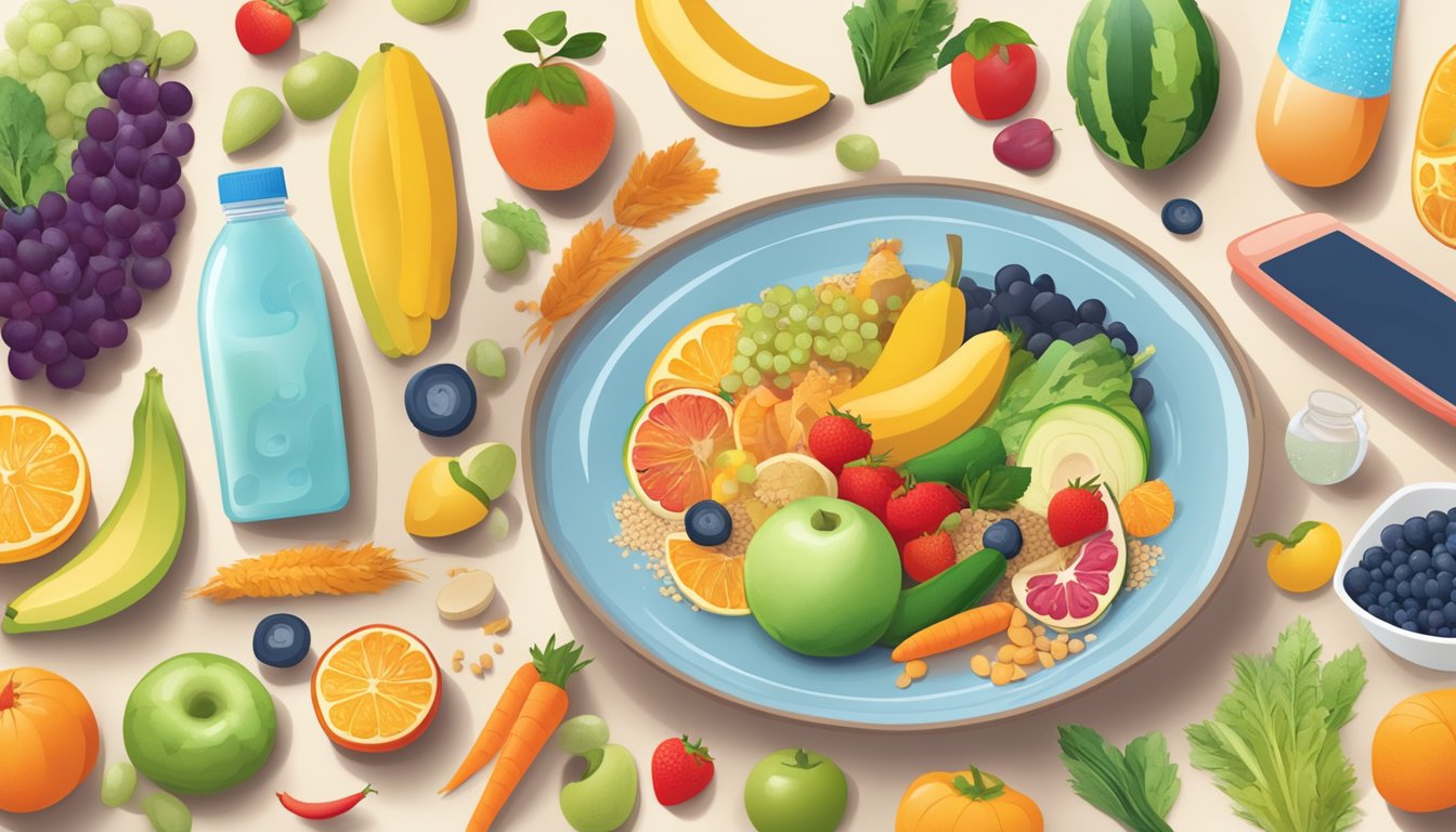 A colorful plate filled with a variety of fruits, vegetables, lean proteins, and whole grains, surrounded by a tape measure, running shoes, and a water bottle