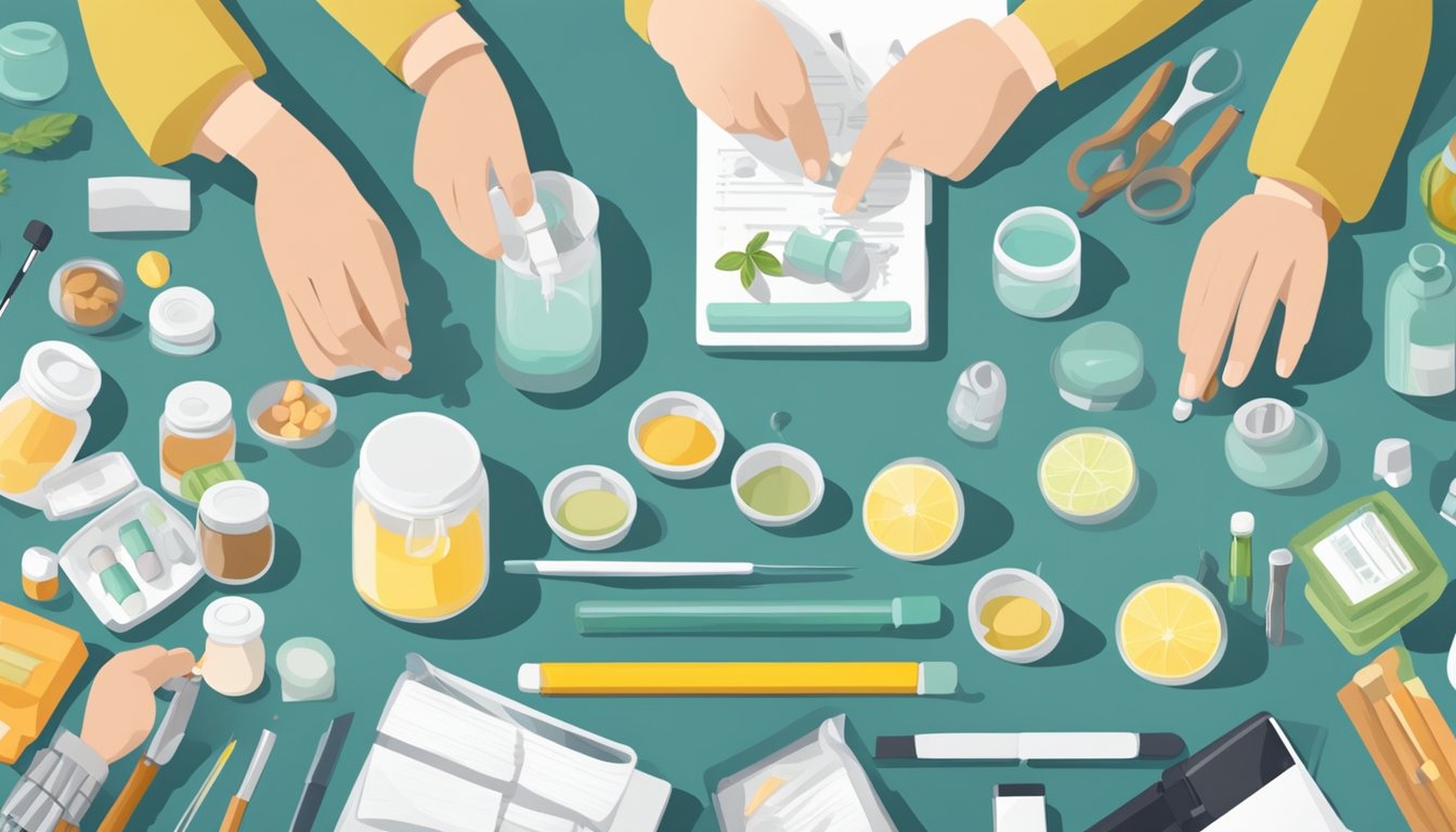 A person organizing various tools and remedies for managing side effects, such as medications, natural remedies, and self-care items, on a table