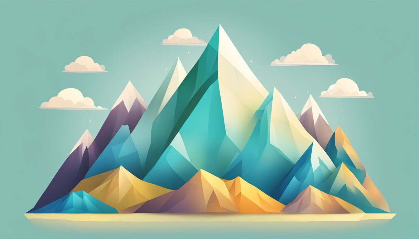 A mountain peak with a scale at the summit, surrounded by smaller peaks symbolizing weight loss achievements