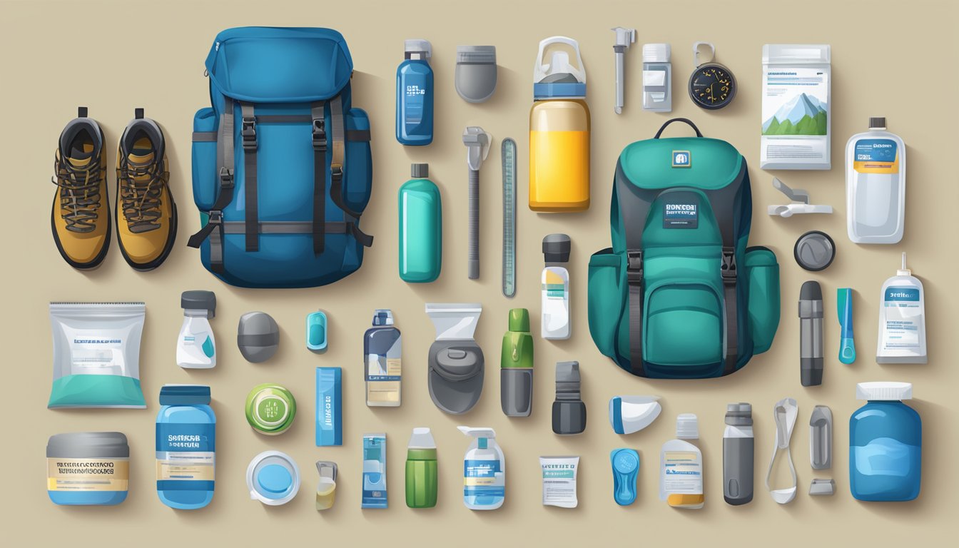 A person's toolkit for managing Mount Kilimanjaro side effects, including water bottle, hiking boots, sunscreen, first aid kit, and medication