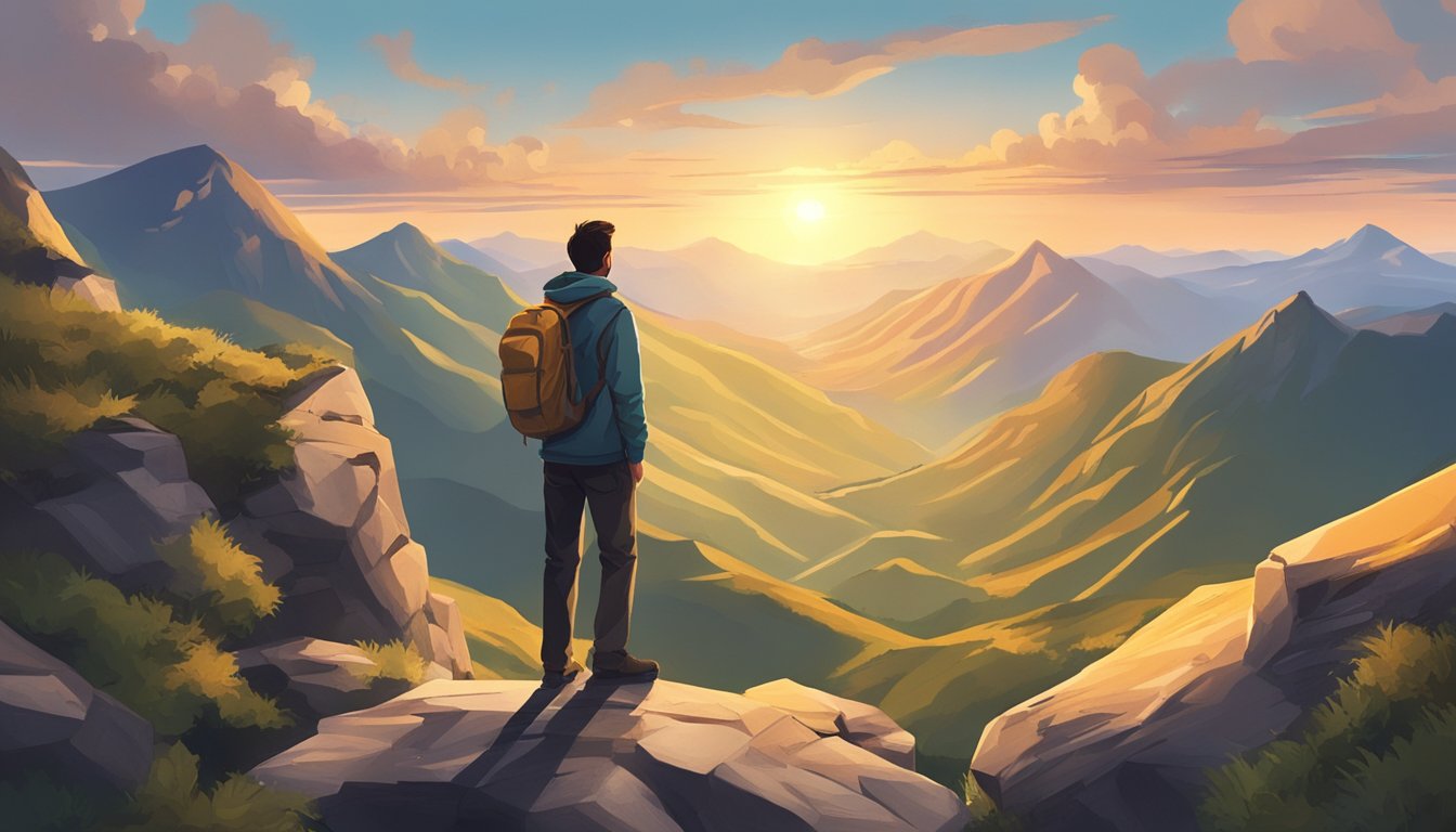 A person standing on a mountain peak, looking out at a vast and inspiring landscape, with the sun setting in the distance