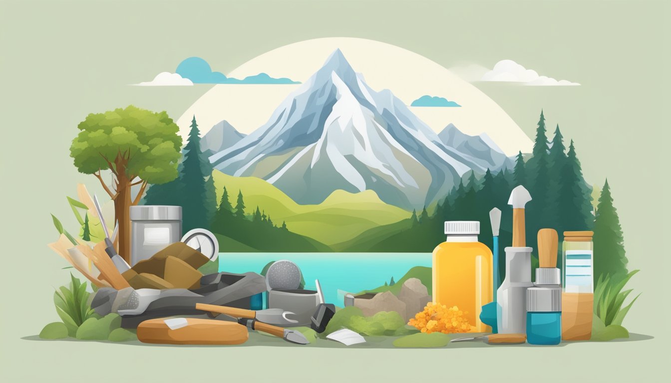 A serene landscape with a mountain in the background, surrounded by a variety of tools and resources for managing side effects