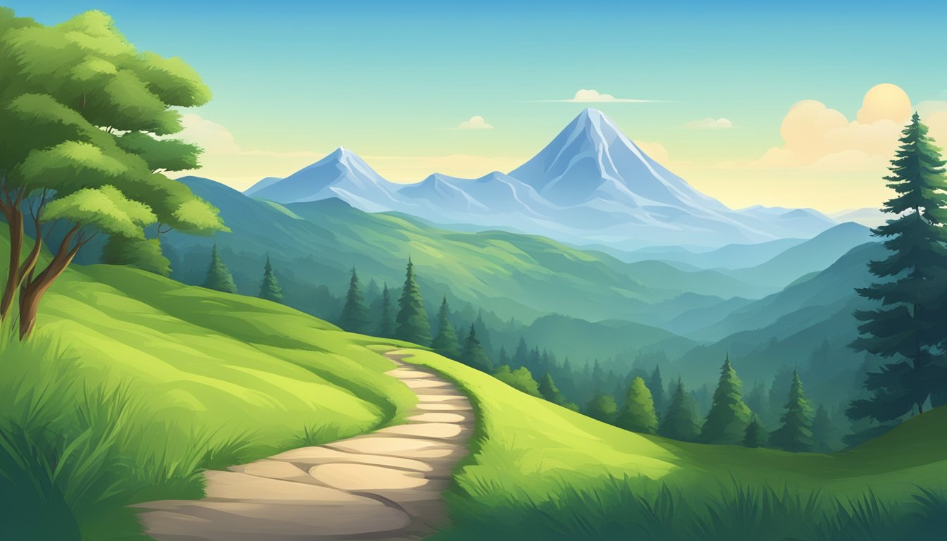 A serene mountain landscape with a winding path leading to a distant peak, surrounded by lush greenery and a clear blue sky