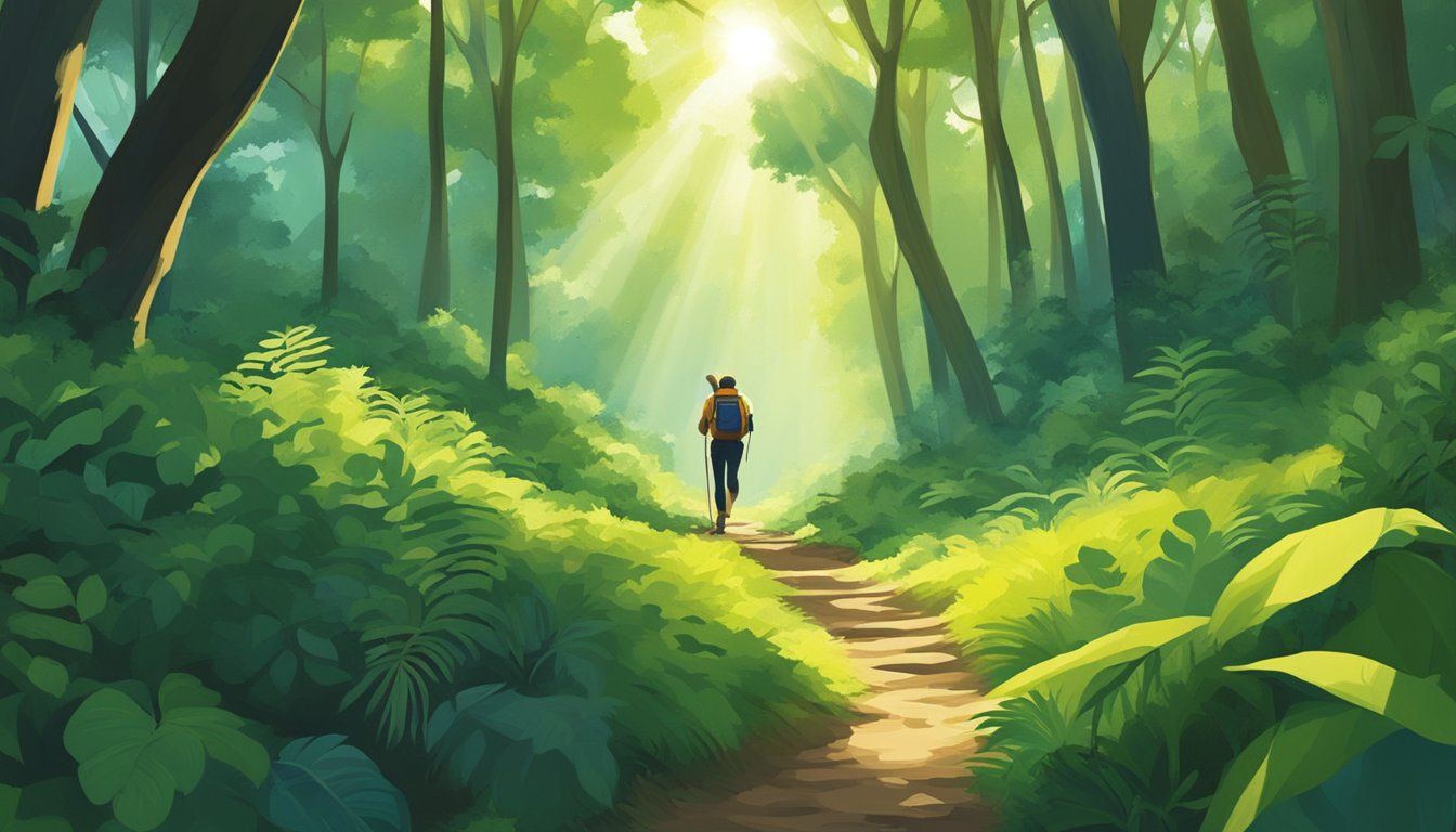 A person hiking through a lush forest, surrounded by towering trees and vibrant greenery. The sunlight filters through the leaves, casting dappled shadows on the ground