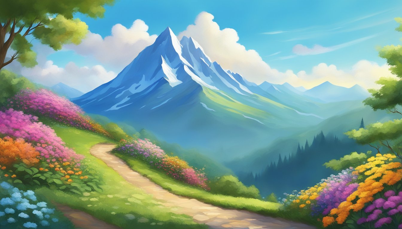 A winding mountain path leads to a towering peak, with lush greenery and colorful flowers along the way, under a bright blue sky