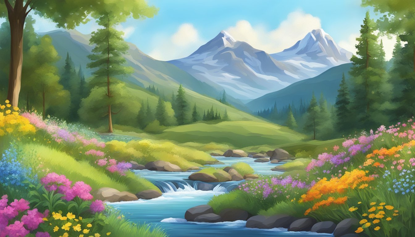 A serene mountain landscape with a clear, blue sky and a flowing stream, surrounded by lush greenery and a variety of colorful wildflowers