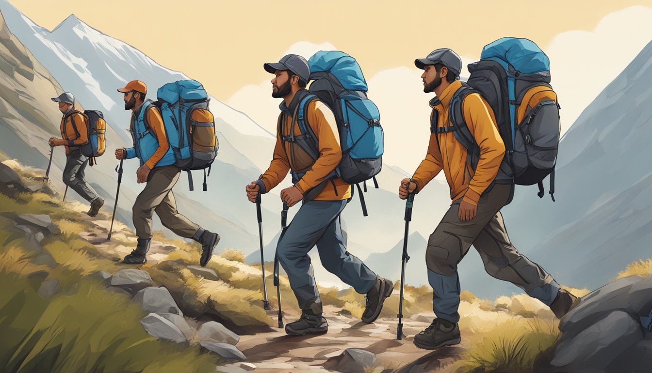 A group of Mounjaro users trekking through a rugged landscape, with a prominent focus on their water bottles and hydration packs