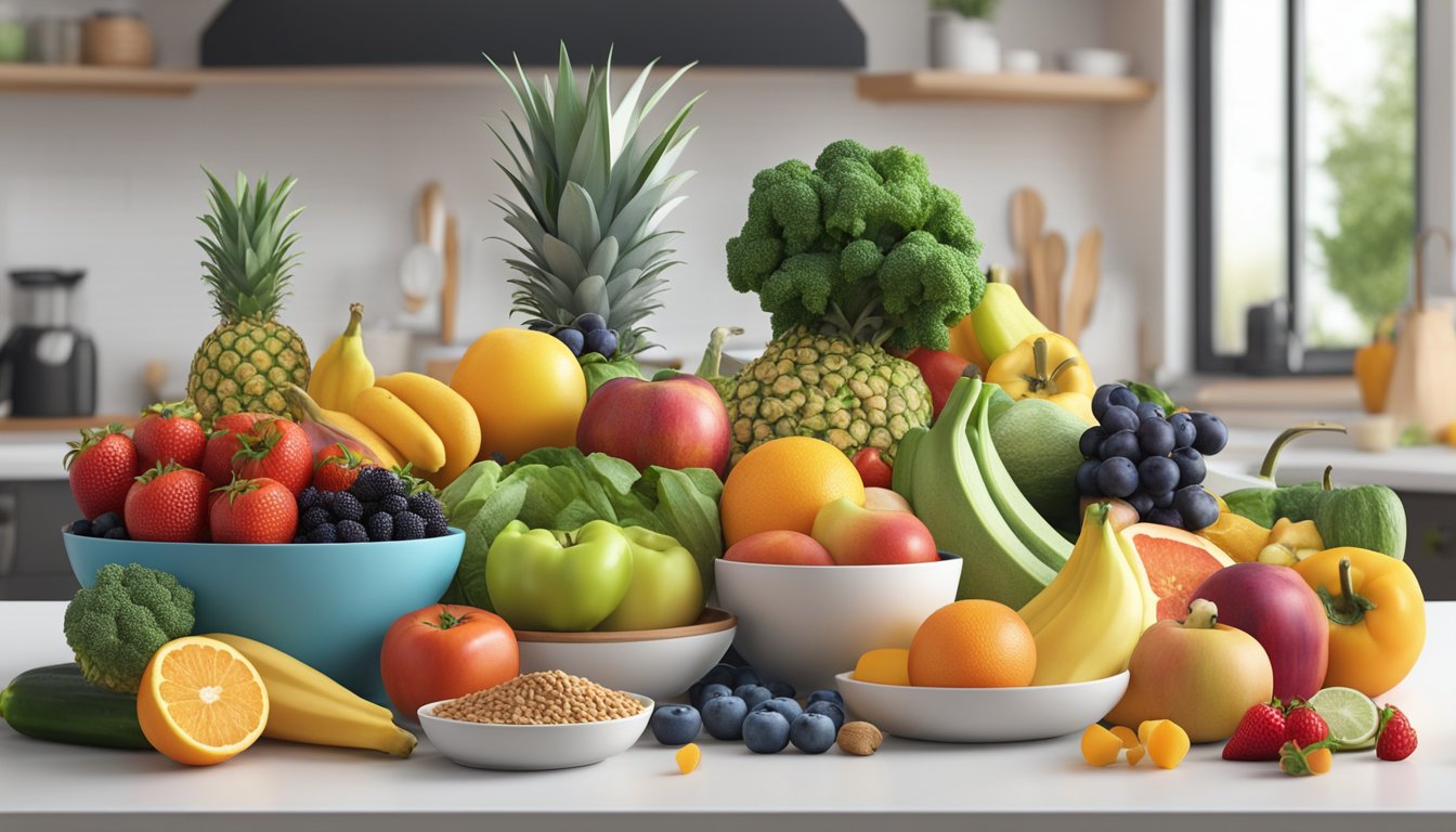 A colorful array of fresh fruits, vegetables, lean proteins, and whole grains arranged on a clean, modern kitchen counter