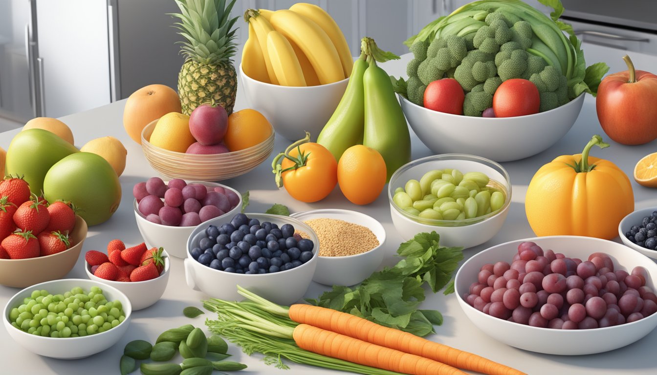 A colorful array of fresh fruits, vegetables, lean proteins, and whole grains arranged on a clean, modern kitchen counter