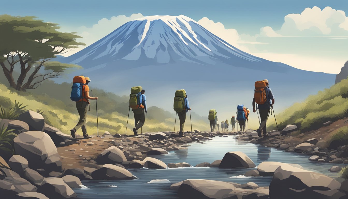 A group of hikers trekking through the rocky terrain of Mount Kilimanjaro, carrying water bottles and stopping to drink from a clear mountain stream