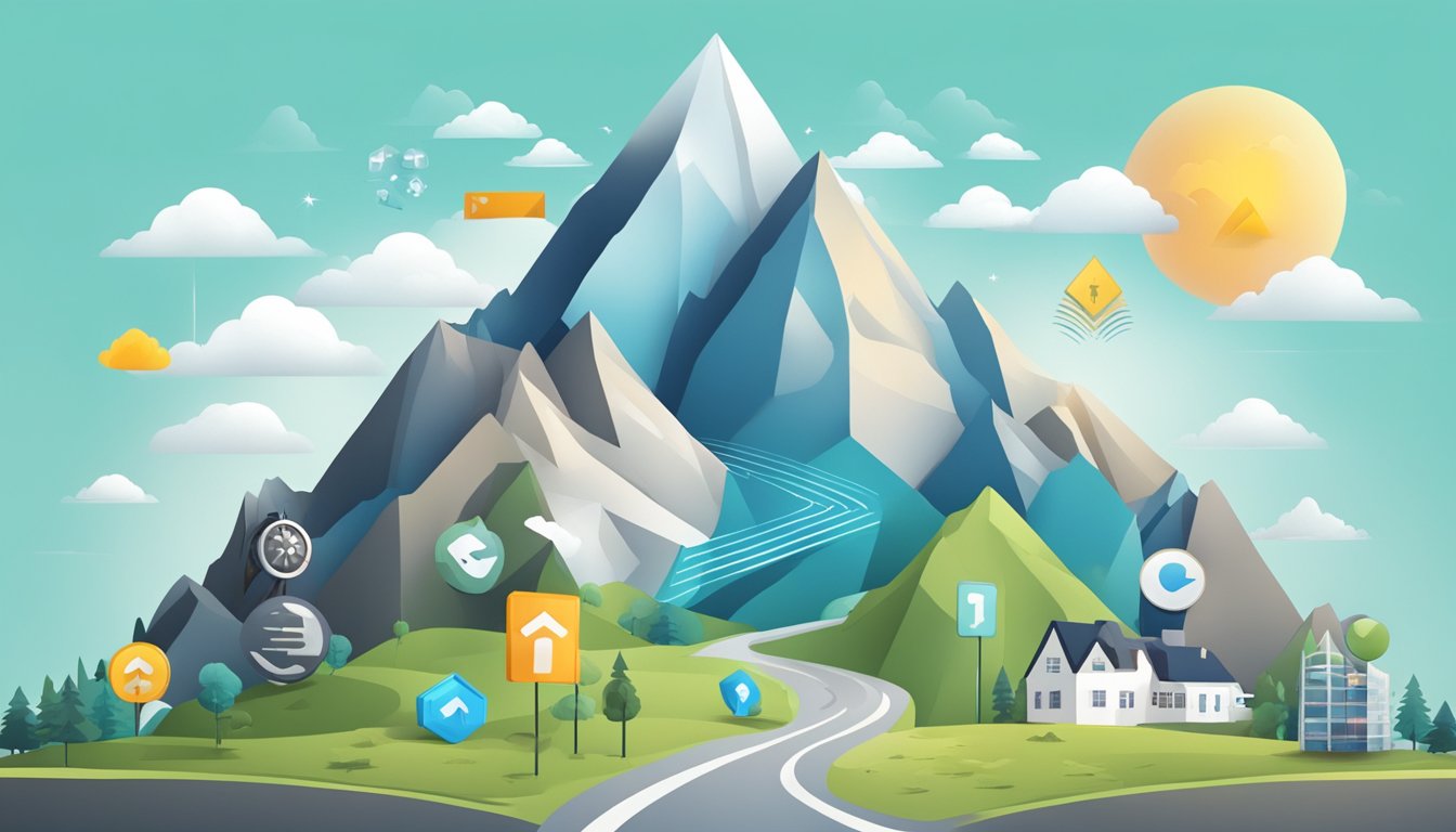 A mountain peak surrounded by a variety of insurance symbols and icons, with a clear path leading towards the summit