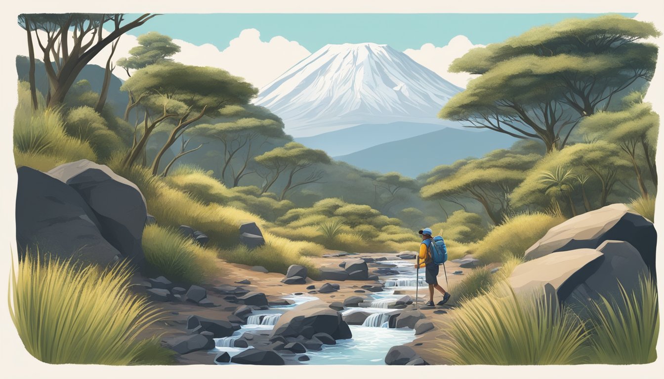 A hiker on Mount Kilimanjaro, surrounded by rocky terrain and sparse vegetation, struggles to find water. They use a portable water filter to purify a small stream