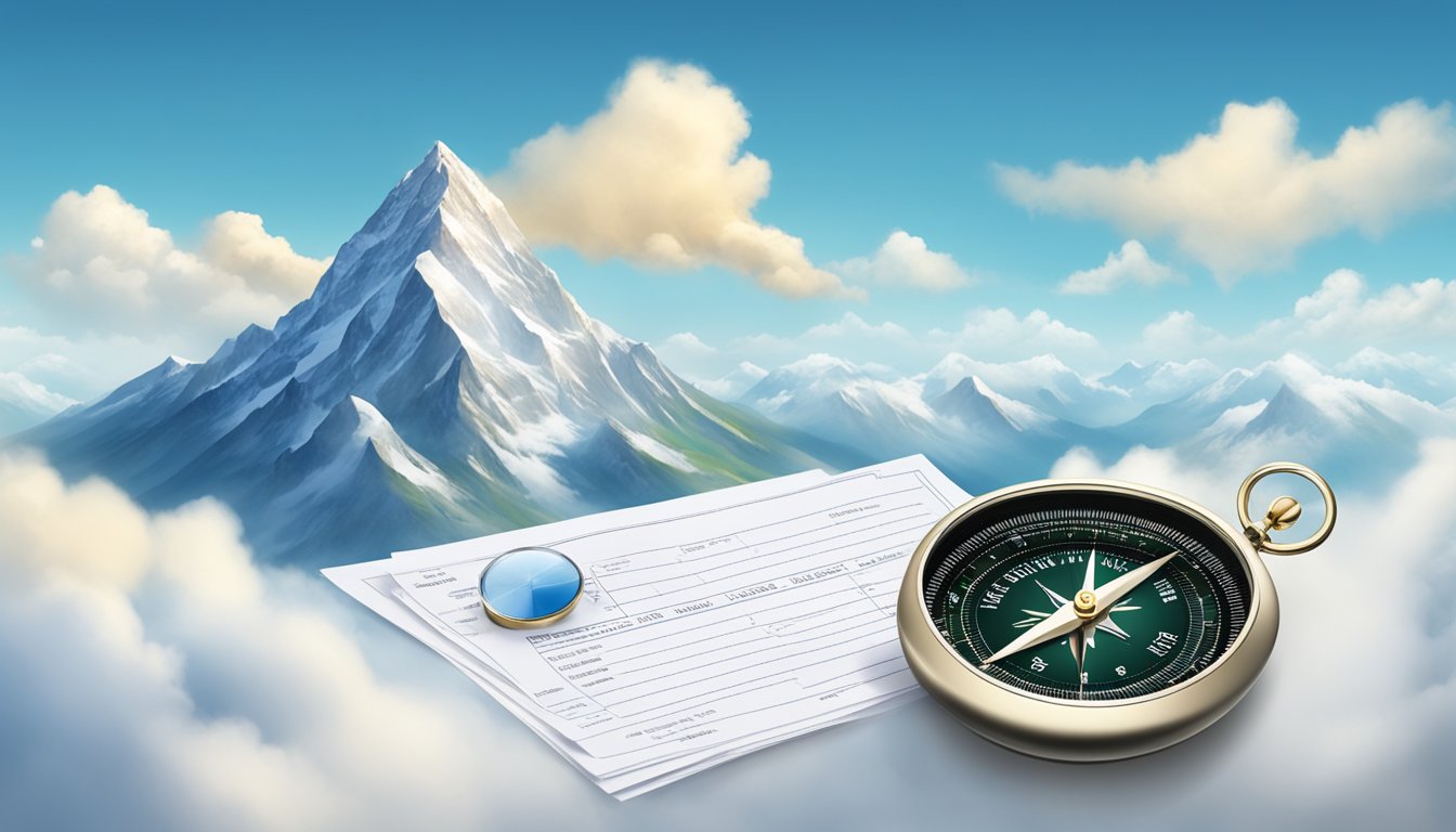 A mountain peak with insurance documents and a compass, surrounded by clouds and a clear blue sky