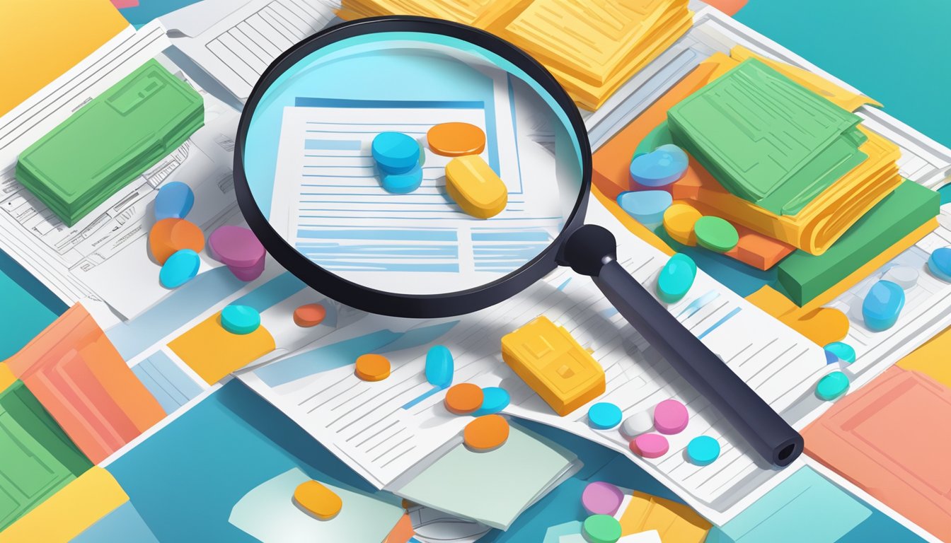 A colorful pill bottle surrounded by a maze of insurance paperwork and a magnifying glass