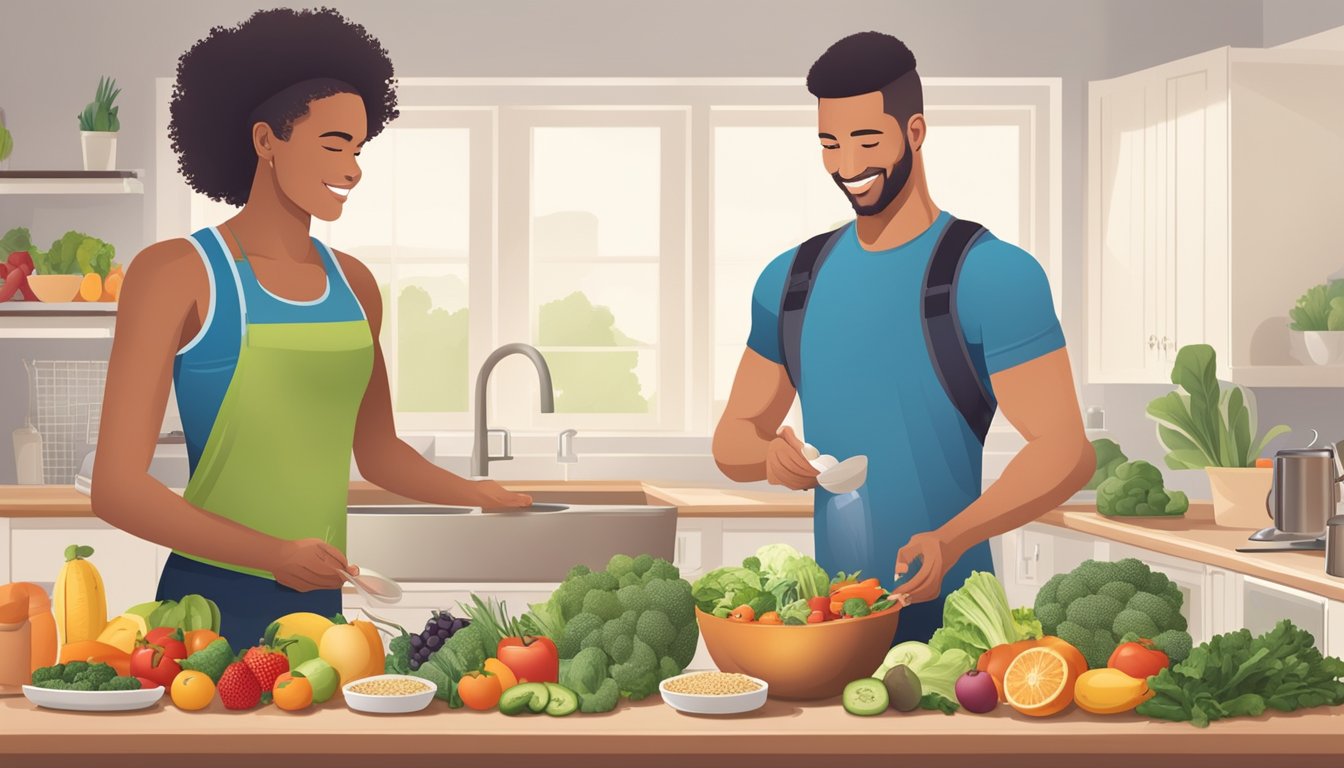 A person preparing a balanced meal with fresh fruits, vegetables, lean proteins, and whole grains, alongside a person engaged in physical activity such as running or cycling