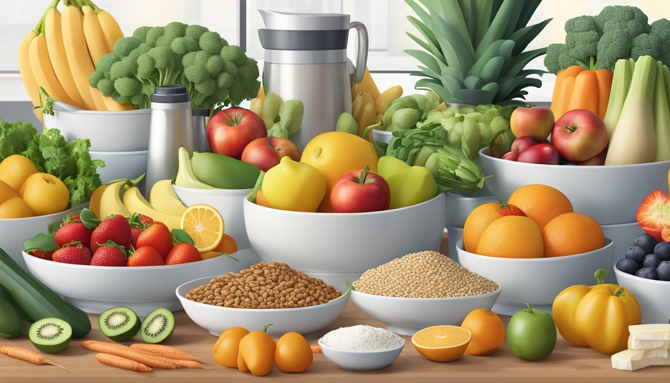 A colorful array of fresh fruits, vegetables, lean proteins, and whole grains arranged on a clean, modern kitchen counter