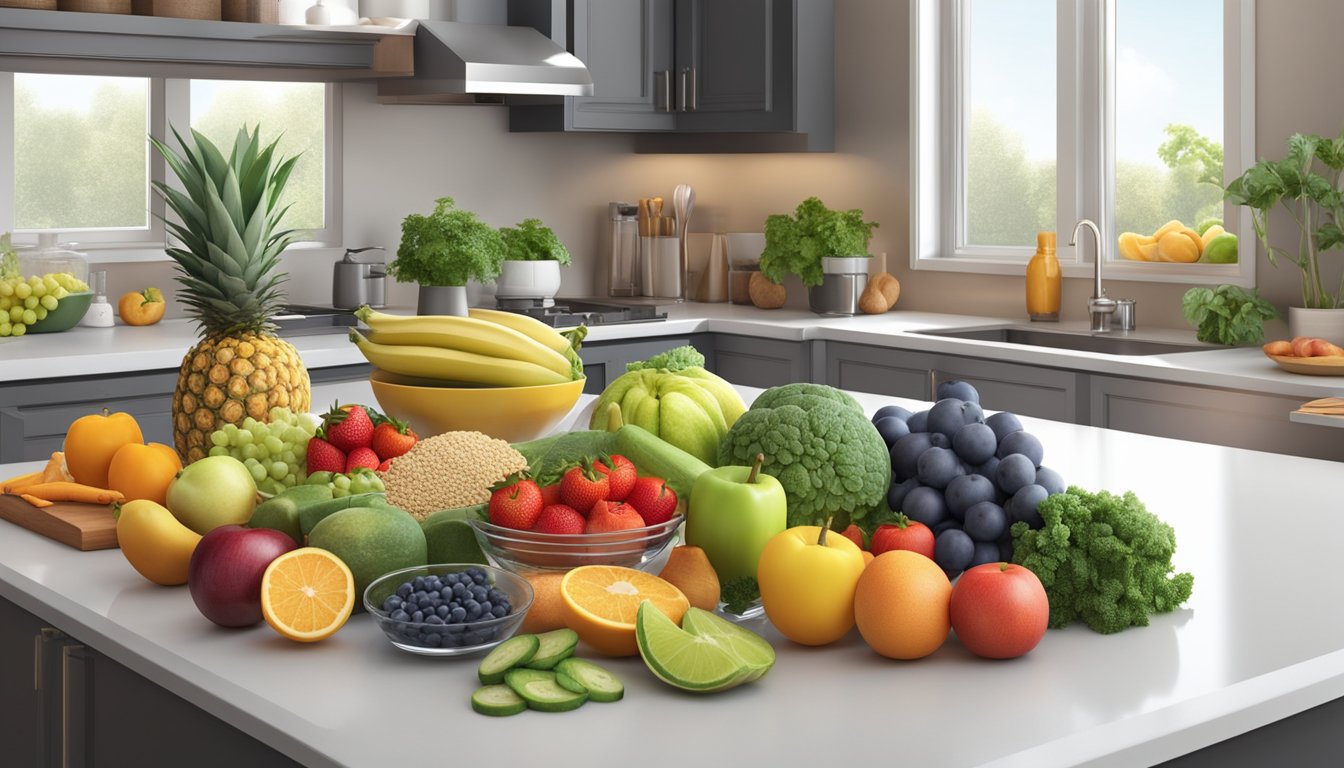 A colorful array of fresh fruits, vegetables, lean proteins, and whole grains arranged on a clean, modern kitchen counter