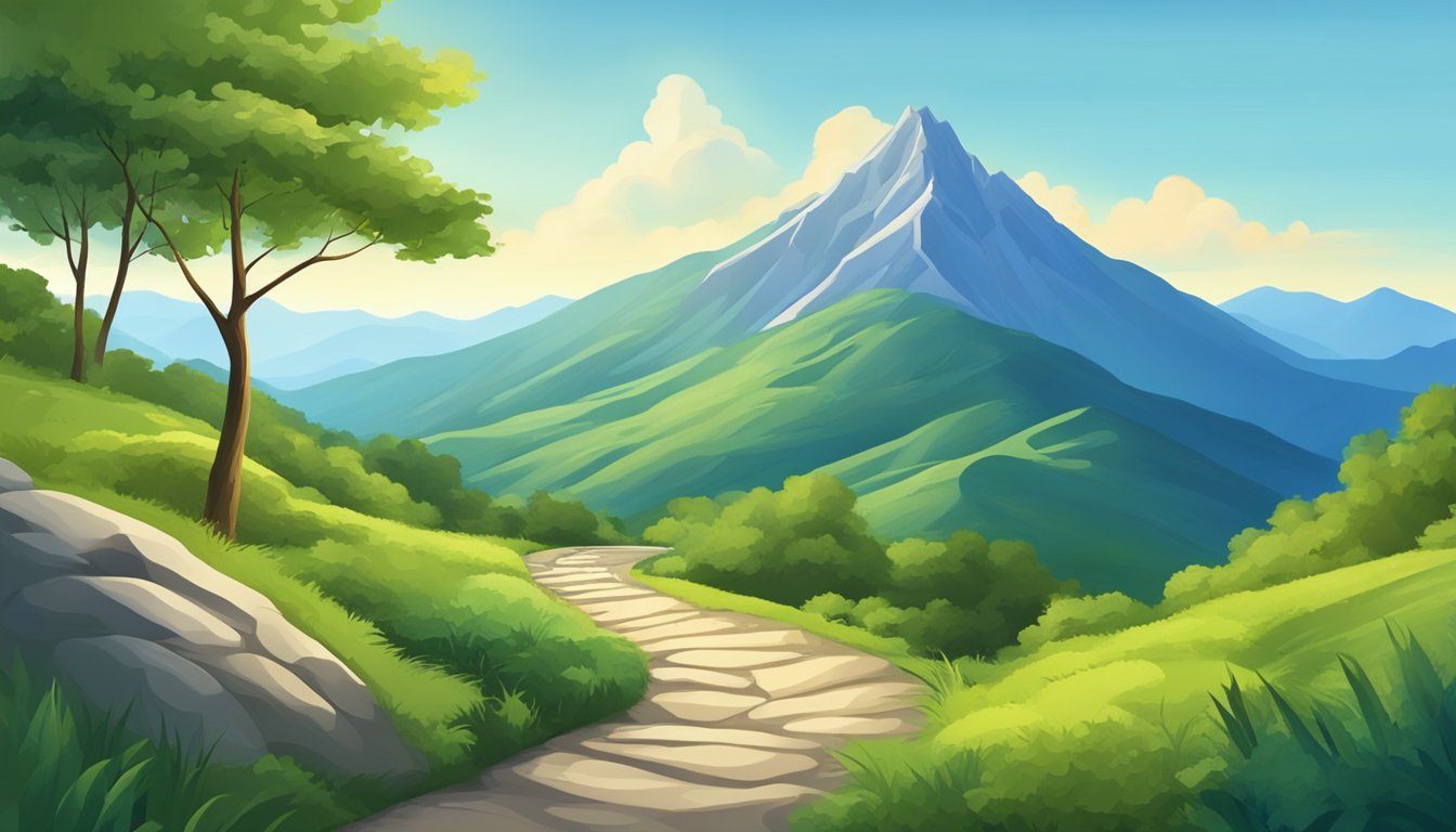 A serene mountain landscape with a winding path leading to the peak, surrounded by lush greenery and a clear blue sky