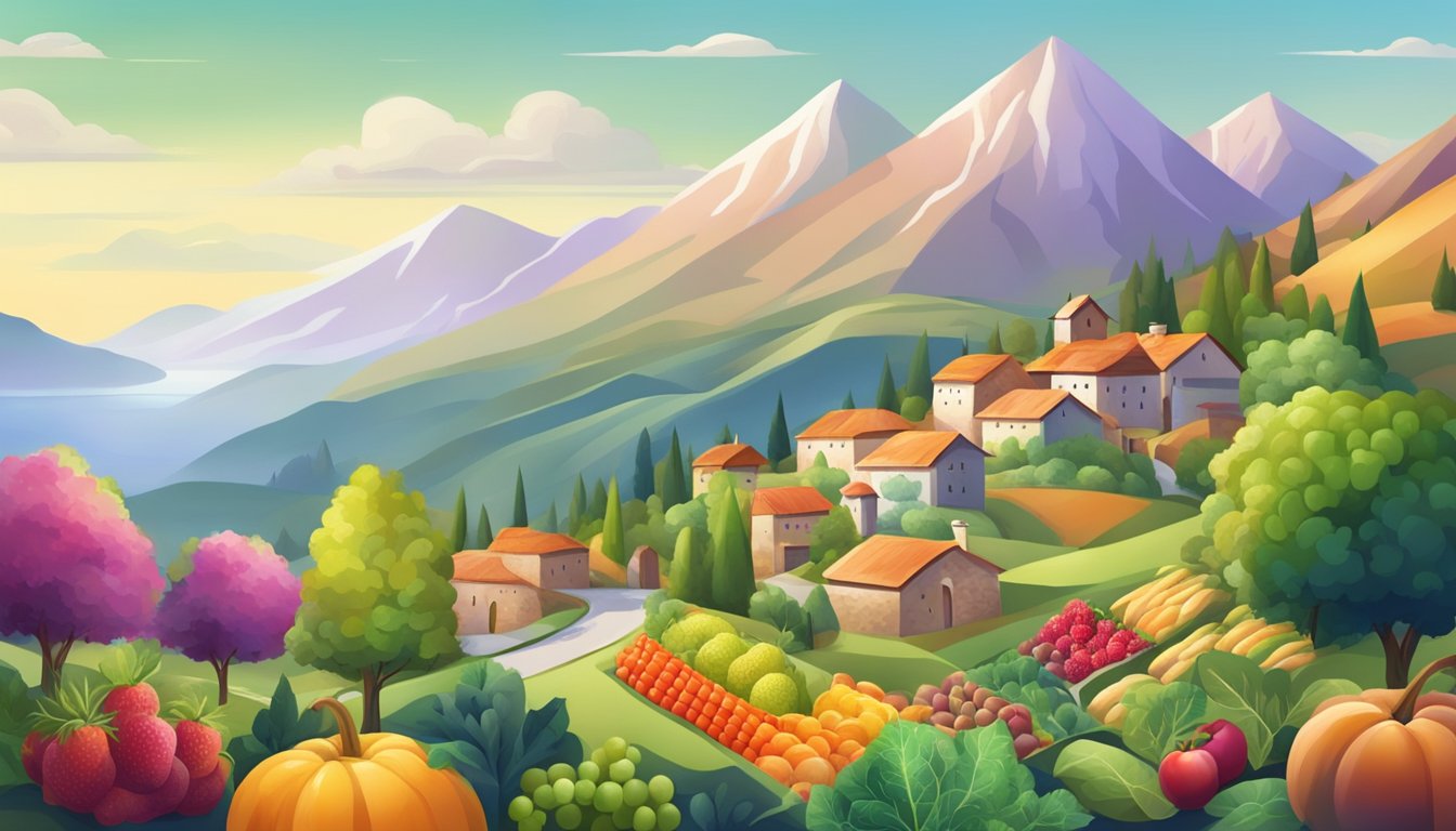 A serene mountain landscape with a small village nestled in the foothills. Colorful fruits and vegetables arranged in a balanced meal plan