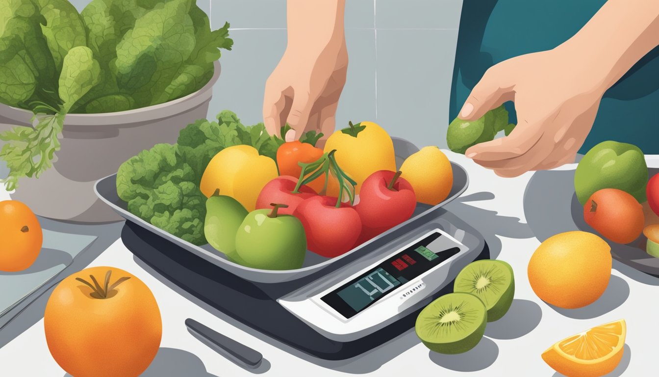 A kitchen counter with fresh fruits, vegetables, and a scale. A person's hand reaching for a piece of fruit