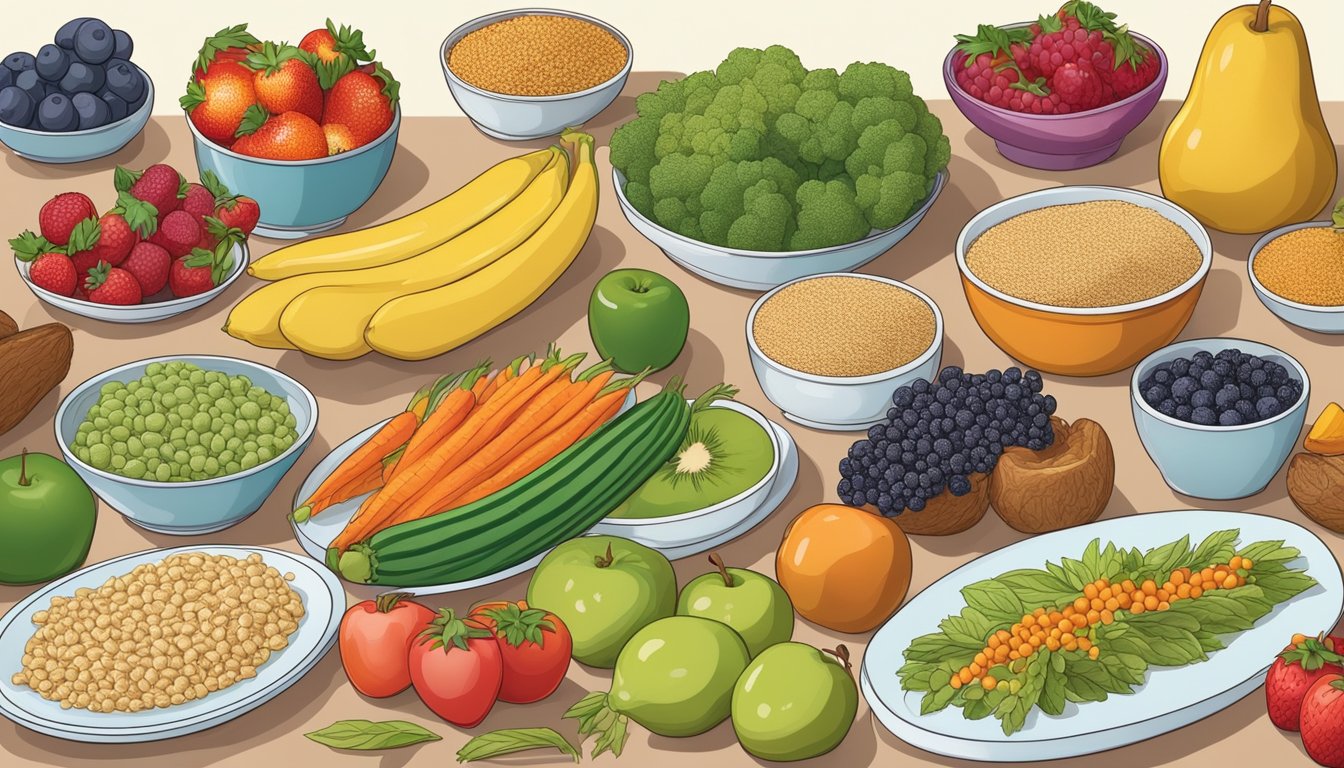 A table with a variety of colorful fruits, vegetables, grains, and lean proteins, alongside a smaller selection of processed and high-sugar foods