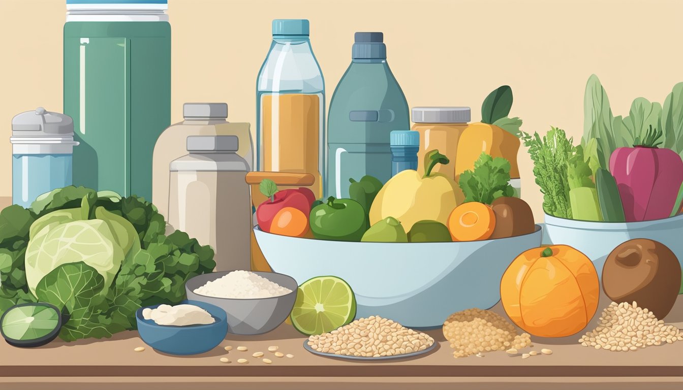 A kitchen counter with fresh fruits, vegetables, whole grains, and lean proteins laid out for meal preparation. A reusable water bottle and a set of measuring cups are also present