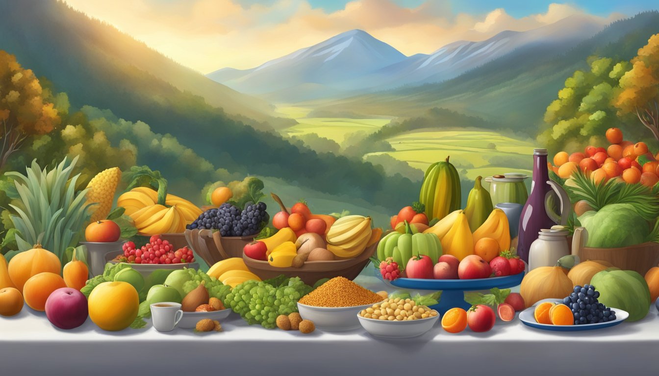 A serene mountain landscape with a table filled with colorful fruits, vegetables, and grains, surrounded by a variety of wild animals grazing peacefully