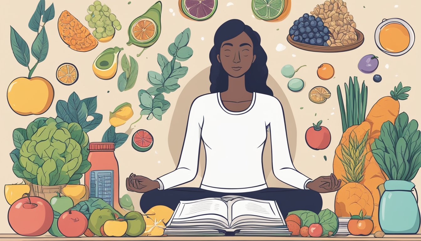 A person sitting at a table, surrounded by healthy food options and exercise equipment, while engaging in mindfulness activities such as meditation or journaling