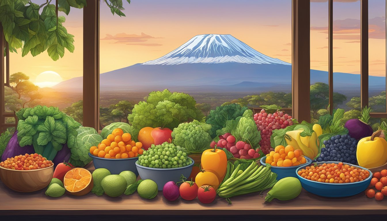 A person preparing a colorful array of fruits, vegetables, and lean proteins on a table with a scenic view of Mount Kilimanjaro in the background