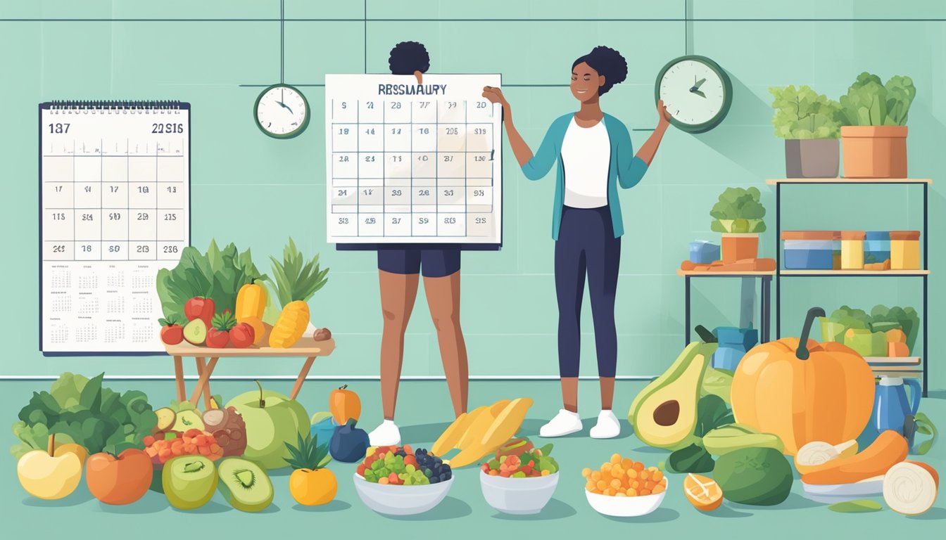 A person standing on a scale, surrounded by healthy food, exercise equipment, and a calendar with progress charts