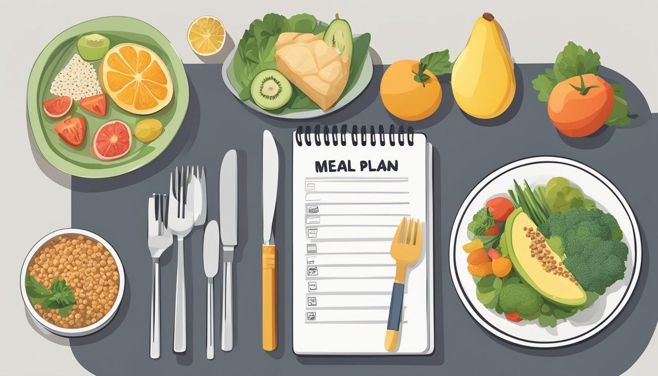 A table set with a balanced meal plan including fruits, vegetables, grains, and protein. A notebook with recipes and nutritional information sits next to the place setting