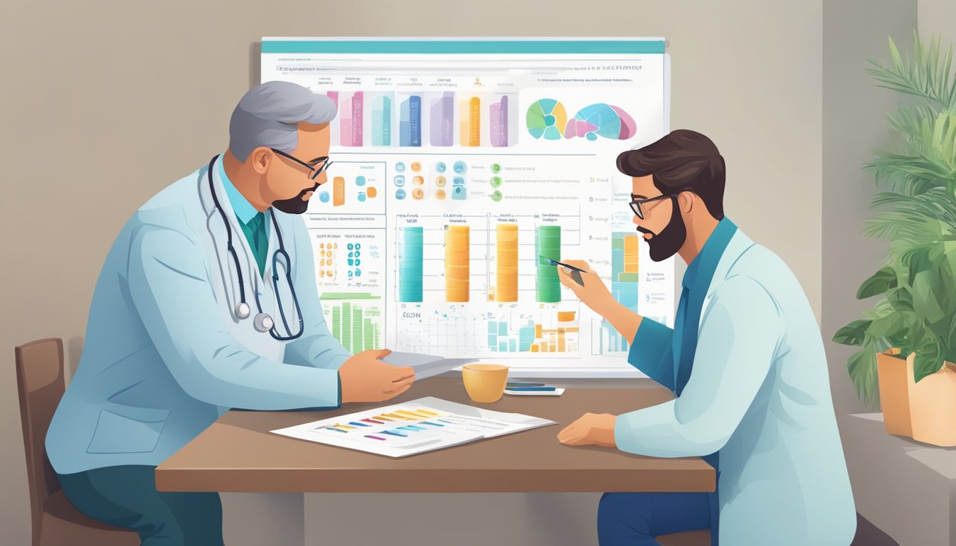 A doctor and patient discussing Mounjaro supplement while looking at a weight management chart