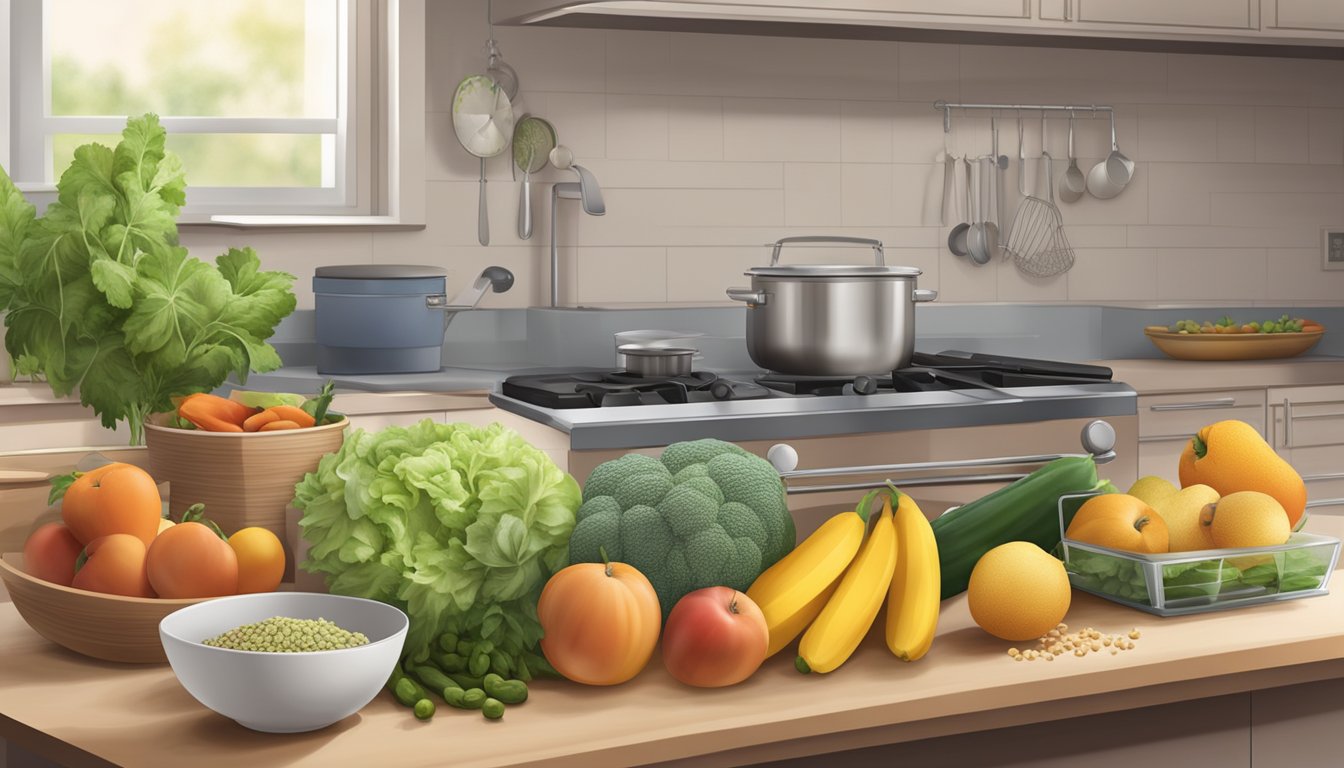 A kitchen counter with fresh fruits, vegetables, and whole grains. A scale and exercise equipment in the background