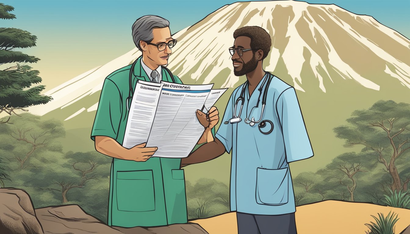 A doctor and patient stand atop Mount Kilimanjaro, discussing potential side effects and risks of the climb. The doctor holds a medical chart while pointing to specific areas on the mountain