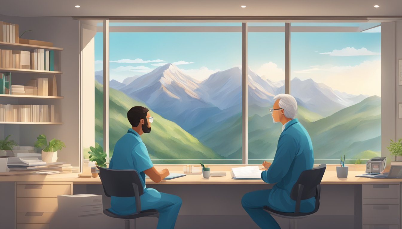 A patient sitting with a doctor at a desk, discussing medical treatment options with a mountainous landscape visible through the window