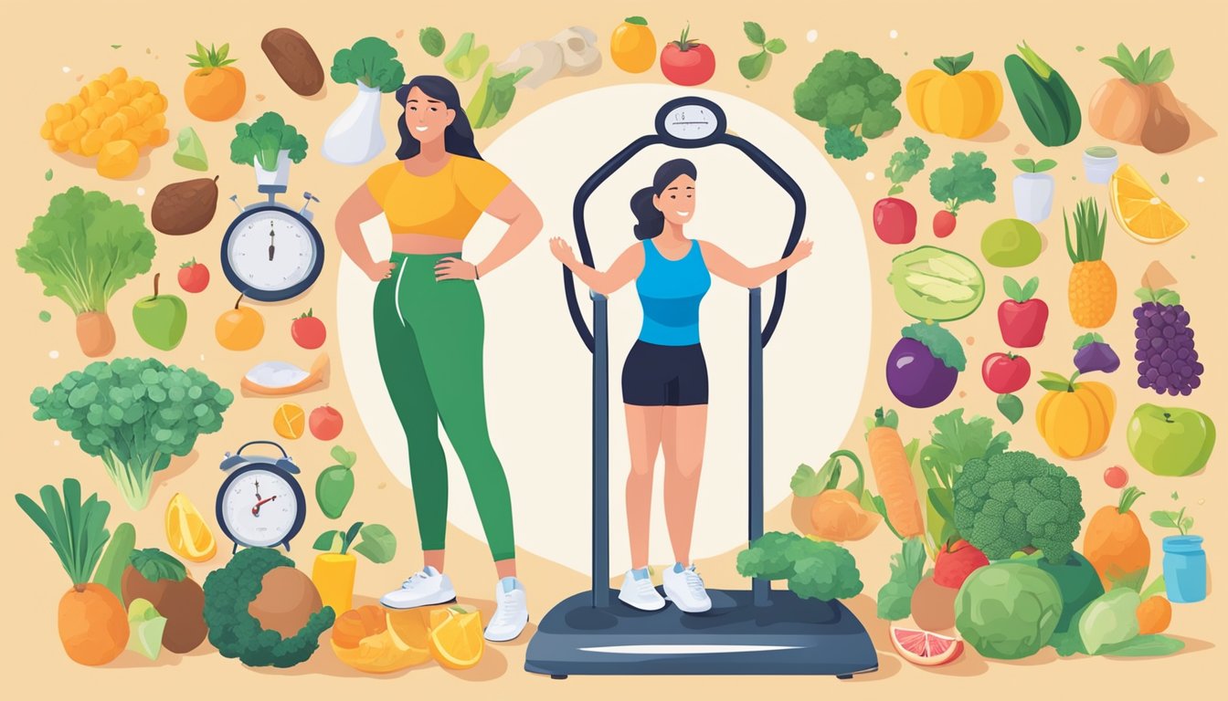 A person standing on a scale, surrounded by healthy food, exercise equipment, and positive affirmations