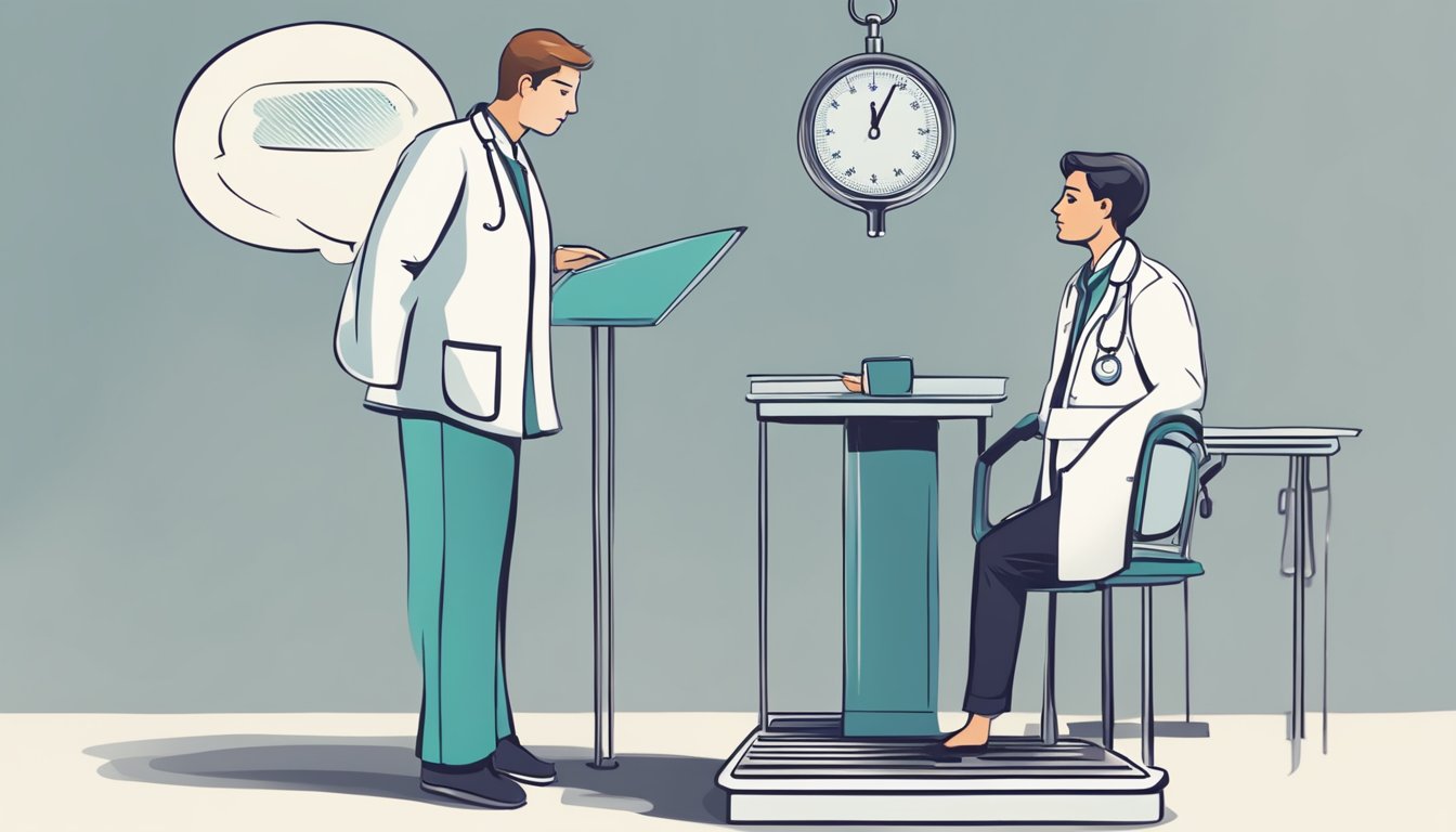 A person standing on a scale, looking determined. A thought bubble shows positive mindset shifts. A doctor or therapist looks on with a supportive expression