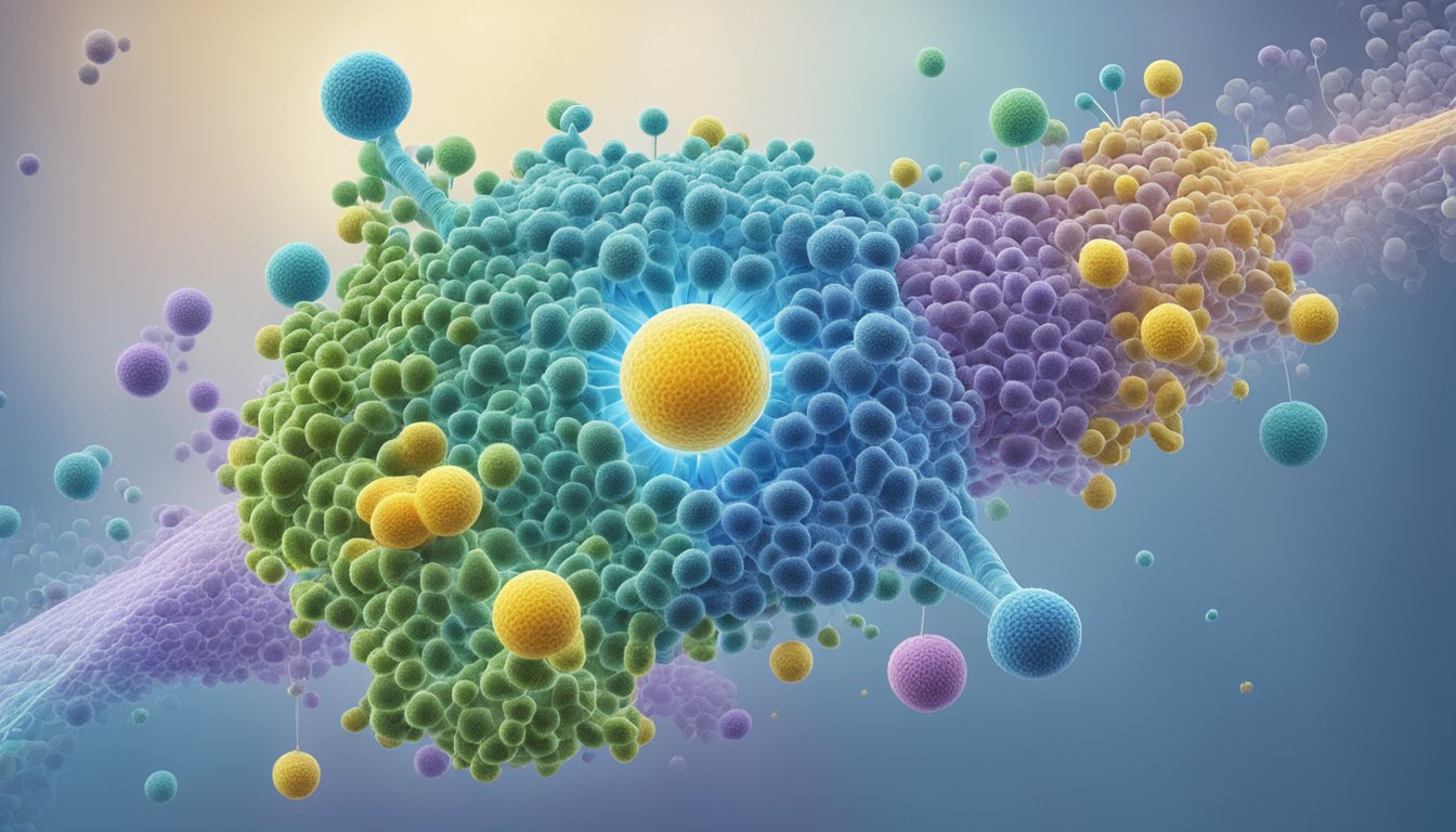 A detailed illustration of the molecular structure of Mounjaro interacting with GLP-1 receptors in a cellular environment, highlighting its mechanism of action