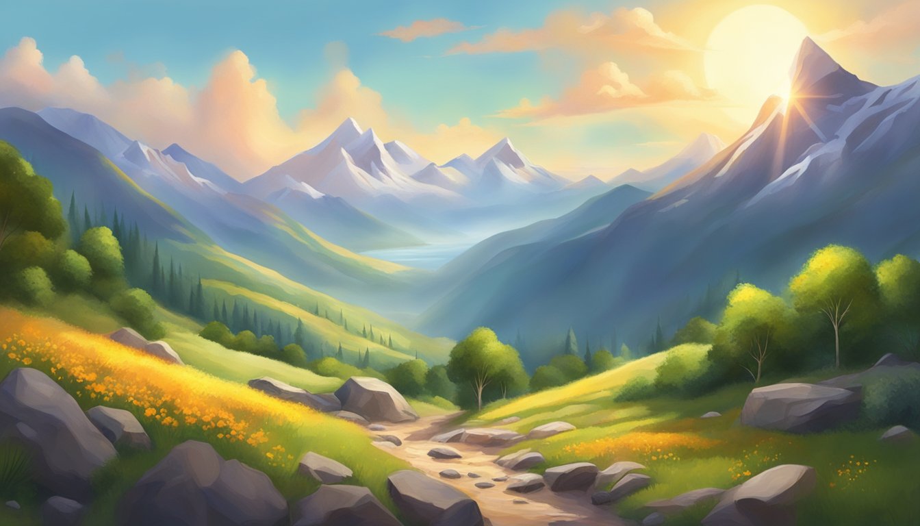 A serene mountain landscape with vibrant colors, depicting a sense of rejuvenation and vitality. The sun is shining, and there is a feeling of energy and renewal in the air