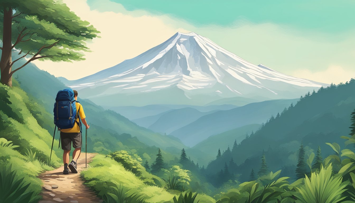 A person hiking up a mountain trail, surrounded by lush greenery and wildlife, with a clear view of the peak of Mount Mounjaro in the distance